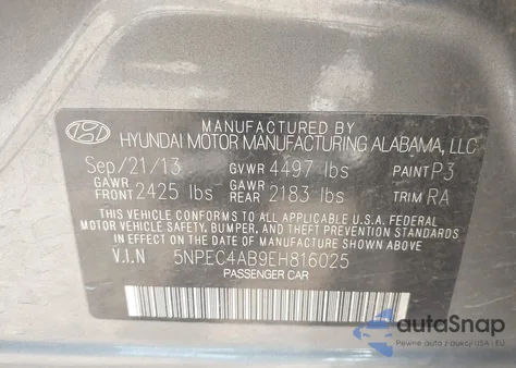 2014 Hyundai Sonata Limited 2.0T z USA, uszkodzony, nr VIN 5NPEC4AB9EH816025